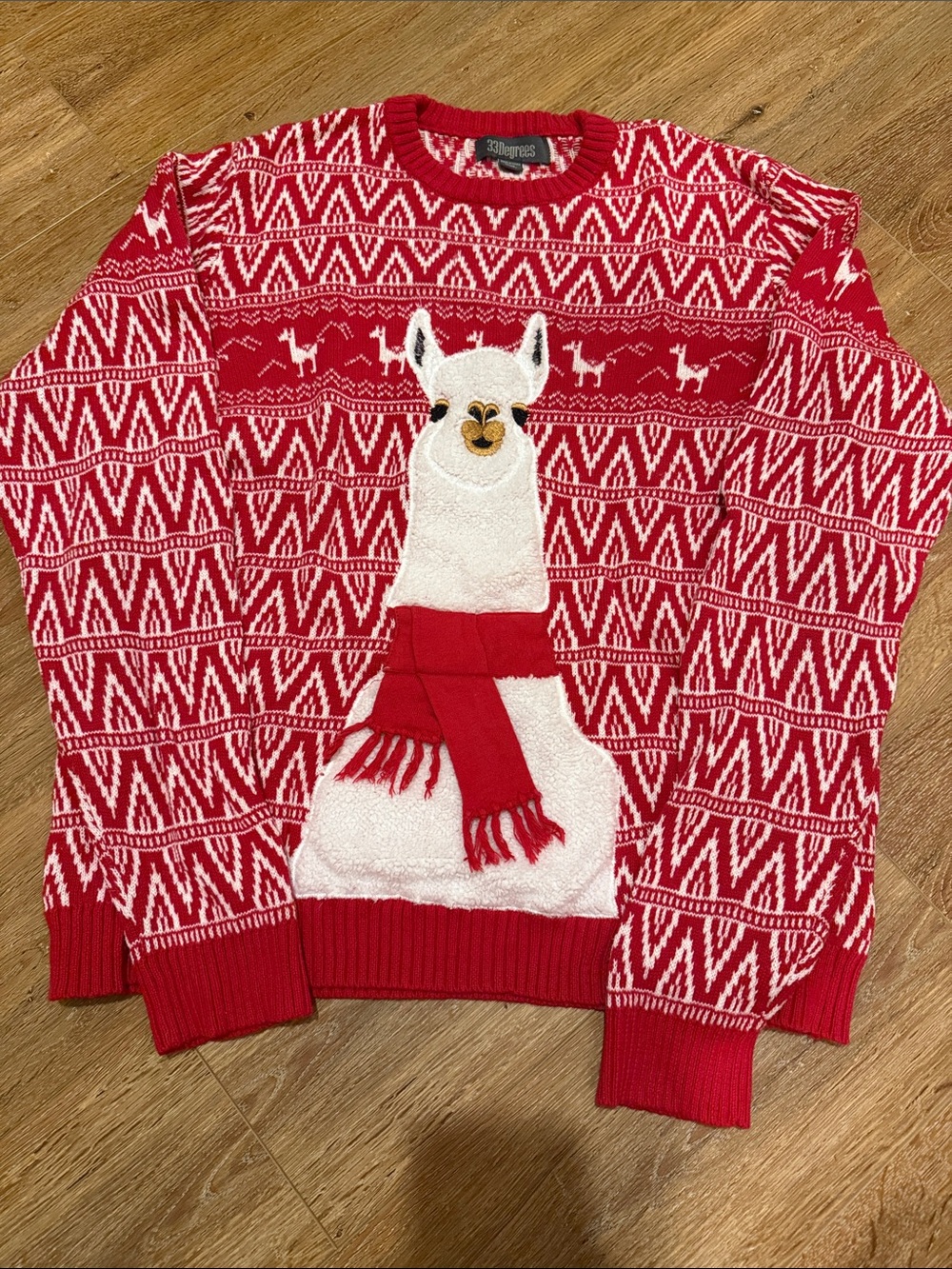 Red Llama Crewneck Sweater with Scarf Accent